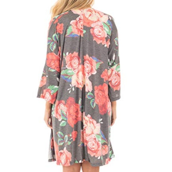 ONE LEFT Sz SMALL! Grey Rose Jersey Duster Kimono - Picture 2 of 5